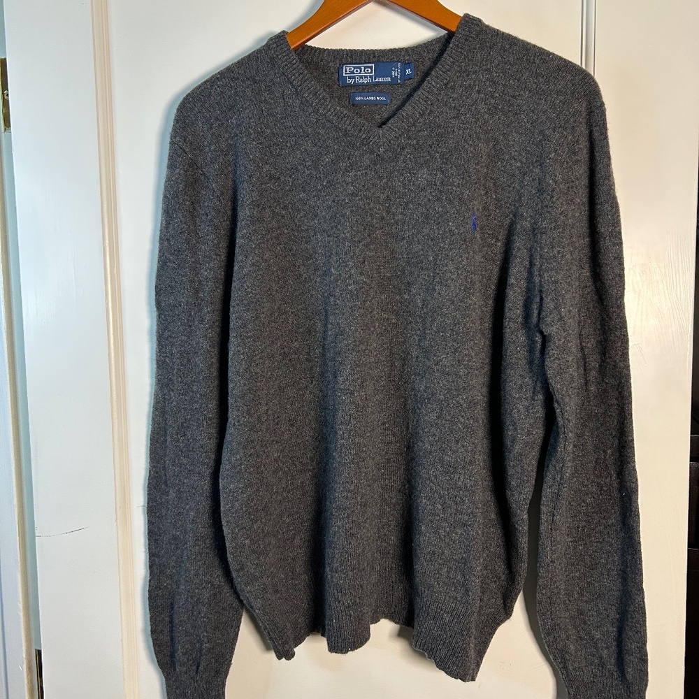 Polo by Ralph Lauren | Men's 100% Lambs Wool Sweater | Grey V-Neck | Large| Fall